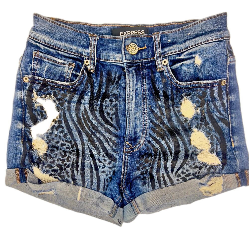 Women Express Animal Print Jean Shorts Custom Zebra Leopard distressed Y2K SZ 6